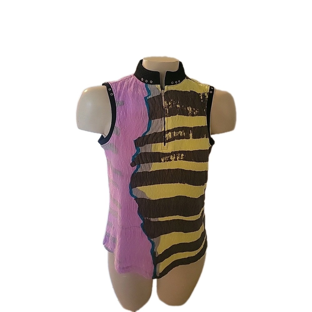 JAMIE SADOCK Abstract Sleeveless Top Mock Neck‎ Studded Trim Art to Wear Golf S